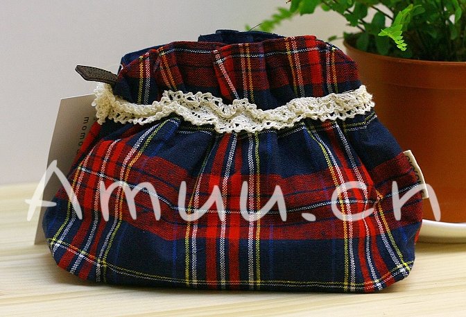 Sweet Zakka Style Preppy Blue Red And White Checks Plaids Pattern Lace Cotton Pouch Small Bag