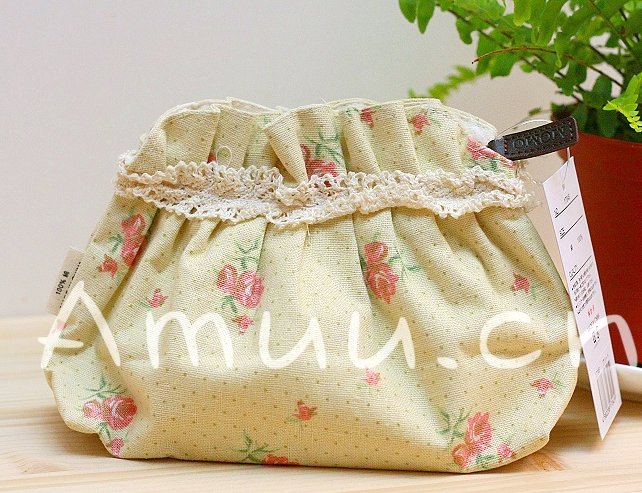 Sweet Zakka Style Pastel Yellow Grey Mini Polka Dots Roses Pattern Lace Cotton Pouch Small Bag