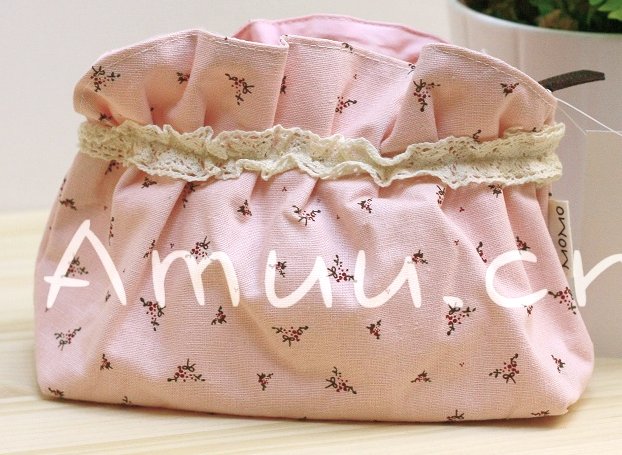 Sweet Zakka Style Light Rose Pink Brown Ribbon Bow Flowers Pattern Lace Cotton Pouch Small Bag