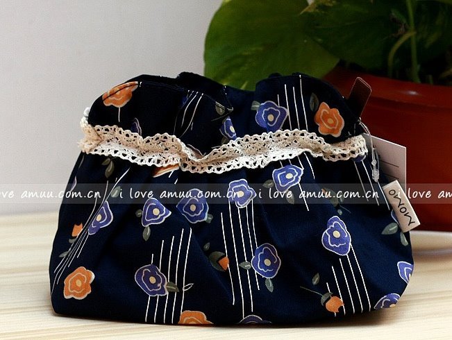 Sweet Zakka Style Dark Blue Retro Orange Flowers Pattern Lace Cotton Pouch Small Bag