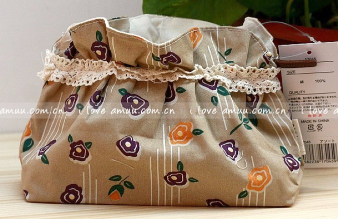 Sweet Zakka Style Dark Beige Retro Orange Purple Flowers Pattern Lace Cotton Pouch Small Bag