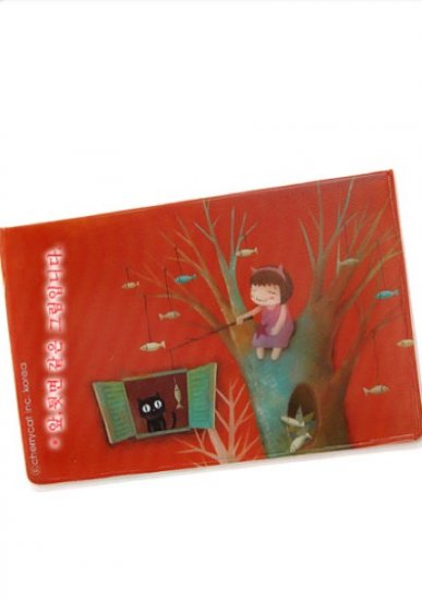 Sweet Red Little Girl Dangling A Fish At Cat Cartoon Name Credit Card Case Holder