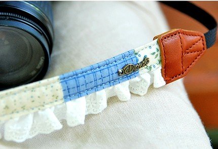 Wonderful Zakka Style Doma Blue Flowers Checks And White Lace Camera Strap