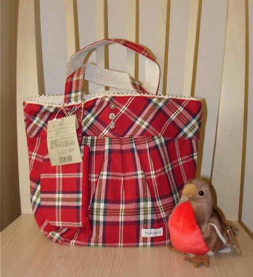 Pretty Zakka Style Red With White Plaids Lace Cotton Tote Bag With Matching Purse