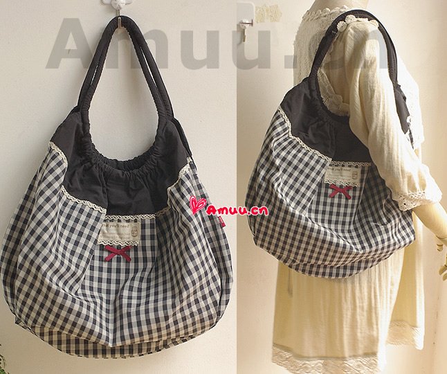 Pretty Zakka Japanese Black And White Checks Nylon Cotton Tote Shoulder Bag