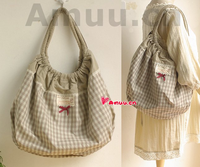 Pretty Zakka Japanese Khaki Gray Grey And White Checks Nylon Cotton Tote Shoulder Bag