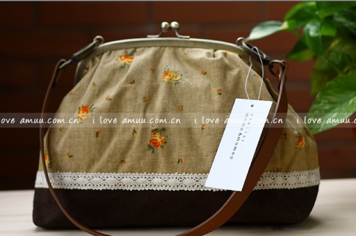 Sweet Zakka Style Big Rustic Brown With Red Orange Flowers Lace Trim Shoulder Bag