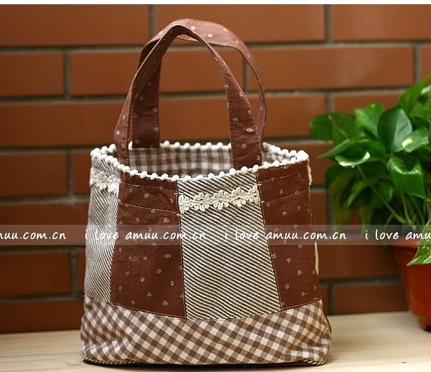 Sweet Brown Grey Plaids Floral Cotton Tote Bag And Purse