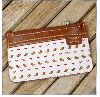 Lovely Brown Leather Linen Bird Purse Card Holder Keychain