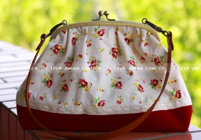Sweet Zakka Style Big Red Flowers Lace Trim Shoulder Bag
