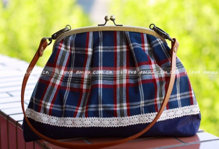 Sweet Zakka Style Big Blue Red Checks Lace Trim Shoulder Bag