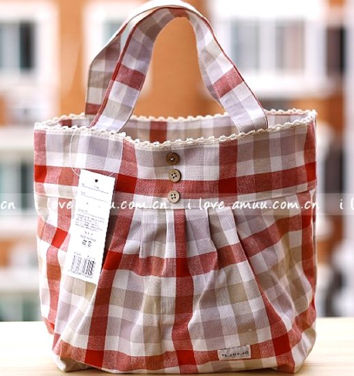 Lovely Zakka Beige Red Checks Cotton Tote Bag KEEP WARM Lunch Bag