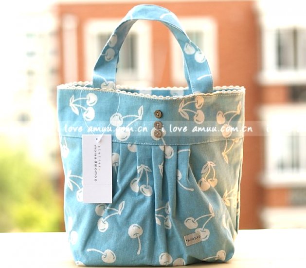 Lovely Zakka Blue Cherry Fruits Cotton Tote Bag KEEP WARM Lunch Bag