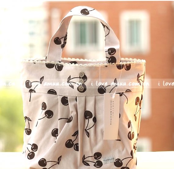 Lovely Zakka Cream Brown Cherry Fruits Cotton Tote Bag KEEP WARM Lunch Bag