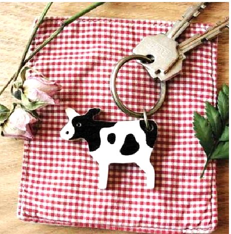 Fun Black White Cow Wooden Keychain