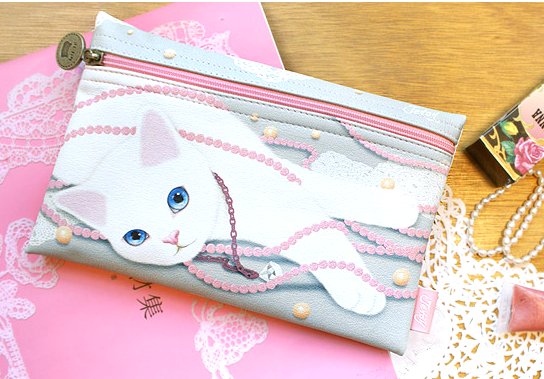 Lovely Jetoy White Cat Pink Pearl Make Up Case Big Purse