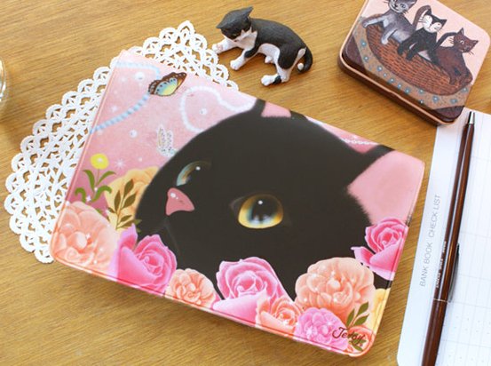 Cute Jetoy Black Cat Pink Roses Multi Purpose Big Bank Passport Holder Case