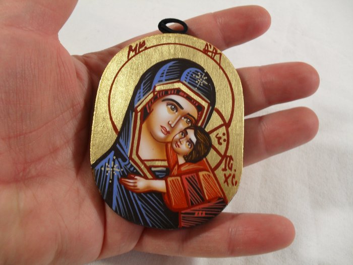 Small Painted on wood Romanian Orthodox Icon Virgin Mary & Jesus - Traditional From Romania