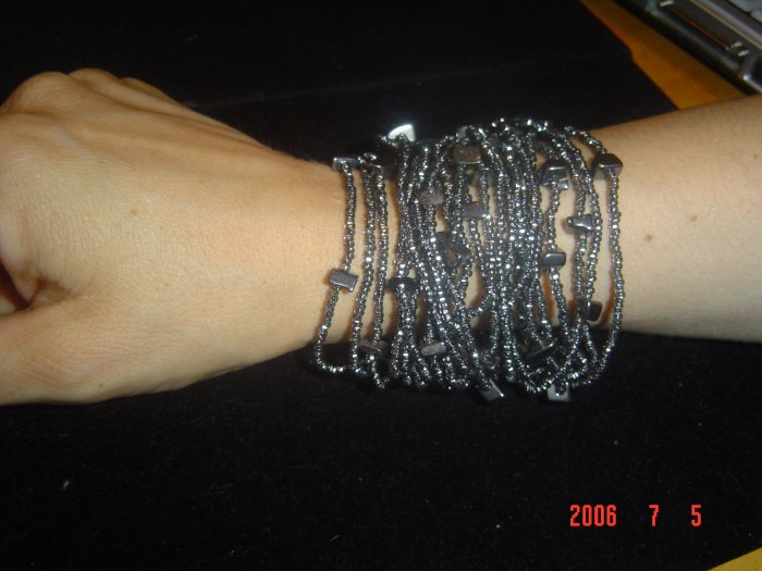 Black Diamond Glass Bead & Semi Precious Hematite Bracelet