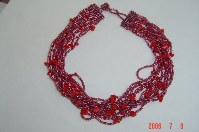 Red Coral and Lustered Seed bead Necklace