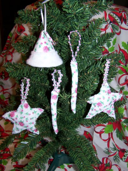 shabby vintage pink rose fabric christmas ornaments star icicle santa hat ooak rosebuds shabby vintage pink rose fabric christmas ornaments star icicle santa hat ooak rosebuds