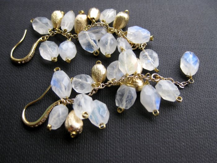 Glamorous Golden White Rainbow Moon Stones Jewelry Earrings