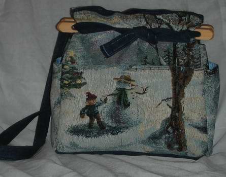 handbag, snowman tapestry, quilt, denim, reversible, organizer, purse