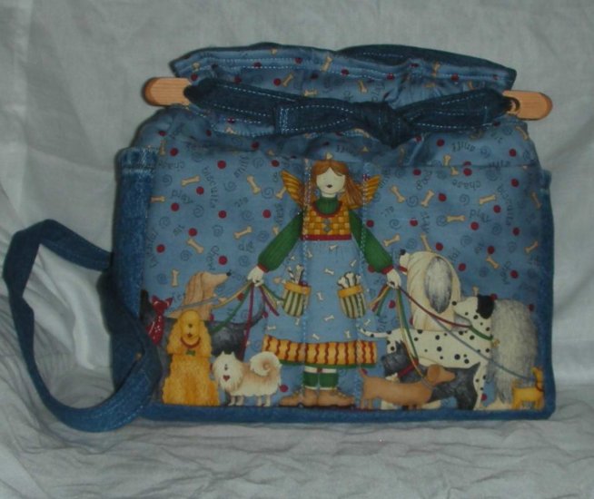handbag, angel dog walker fabric, quilt, denim, reversible, organizer, purse