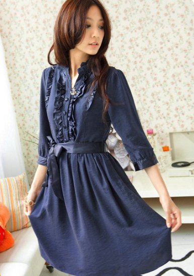 Navy Ruffle Detail Shirt Dress