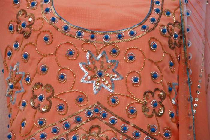Peach hand embroidered salwar kameez / lehenga choli designer partywear in crepeCustom tailoring