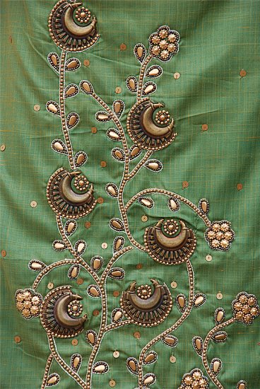 green metal sequin salwar kameez / lehenga choli designer partywear in tussar cotton. free S& H