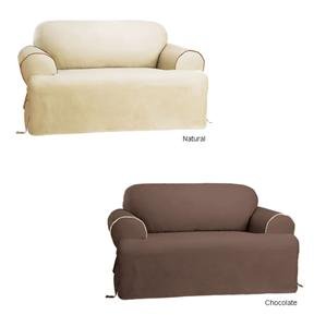 NEW! T-CUSHION SOFA + LOVESEAT SLIPCOVERS Natural w/ Contrast Trim