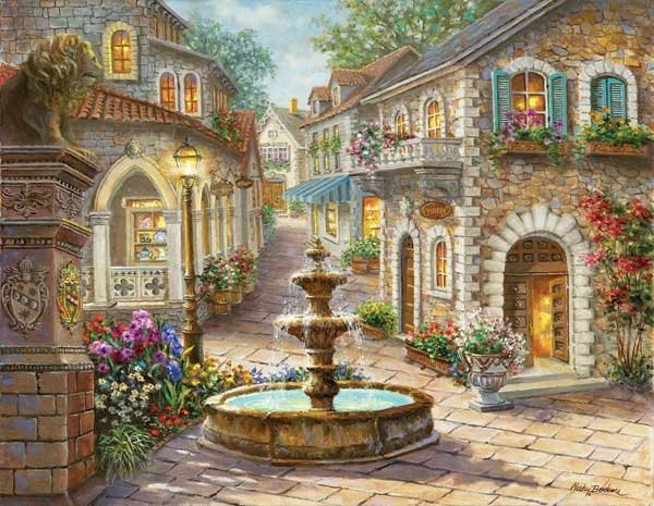 Cobblestone Fountain - 1,000 Large Piece SunsOut puzzle - for Ages 12+