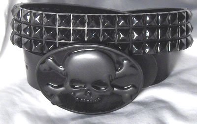 Black Leather Belt with Black Studs and Skull Buckle