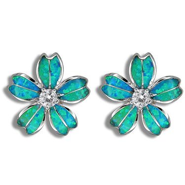 Hawaiian Plumera Flower Blue Opal Silver Stud Earrings