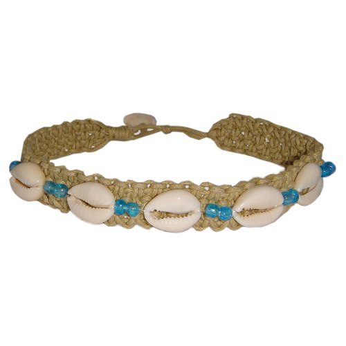Hawaiian Cowry Shell Double Blue Bead Hemp Anklet