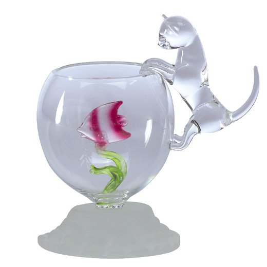 Glass Kitty Cat on Fish Bowl With Fish