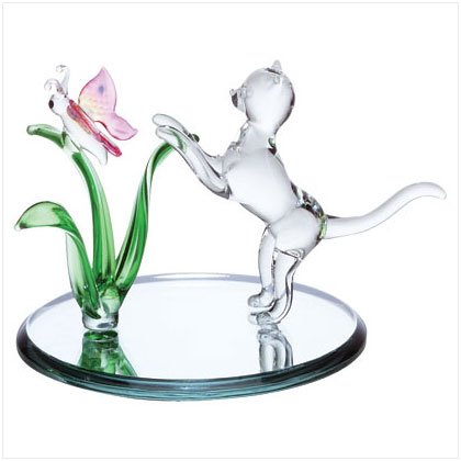 Glass Cat & Butterfly Sculpture