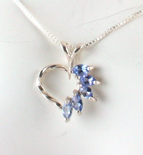 Genuine Five Stone TANZANITE Sterling Silver Heart PENDANT & Chain