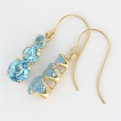 Genuine BLUE TOPAZ 10k Yellow Gold 3 Stone EARRINGS