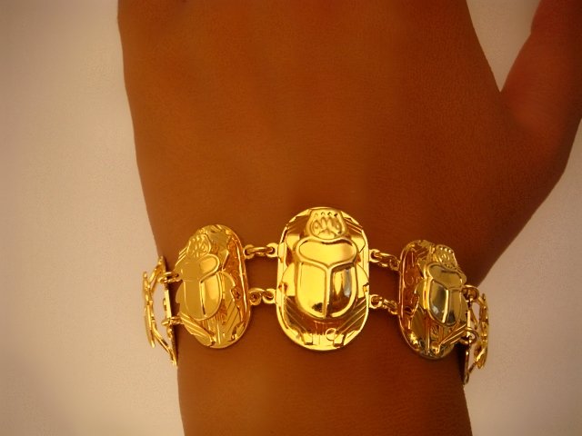 Egyptian Gold Plated Bracelet with 5 Scarabs Glyphs