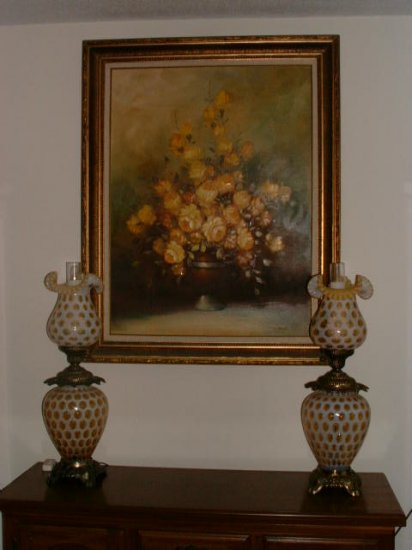 Fenton Opalescent Honeysuckle Coin Dot Rare Huge Lamps