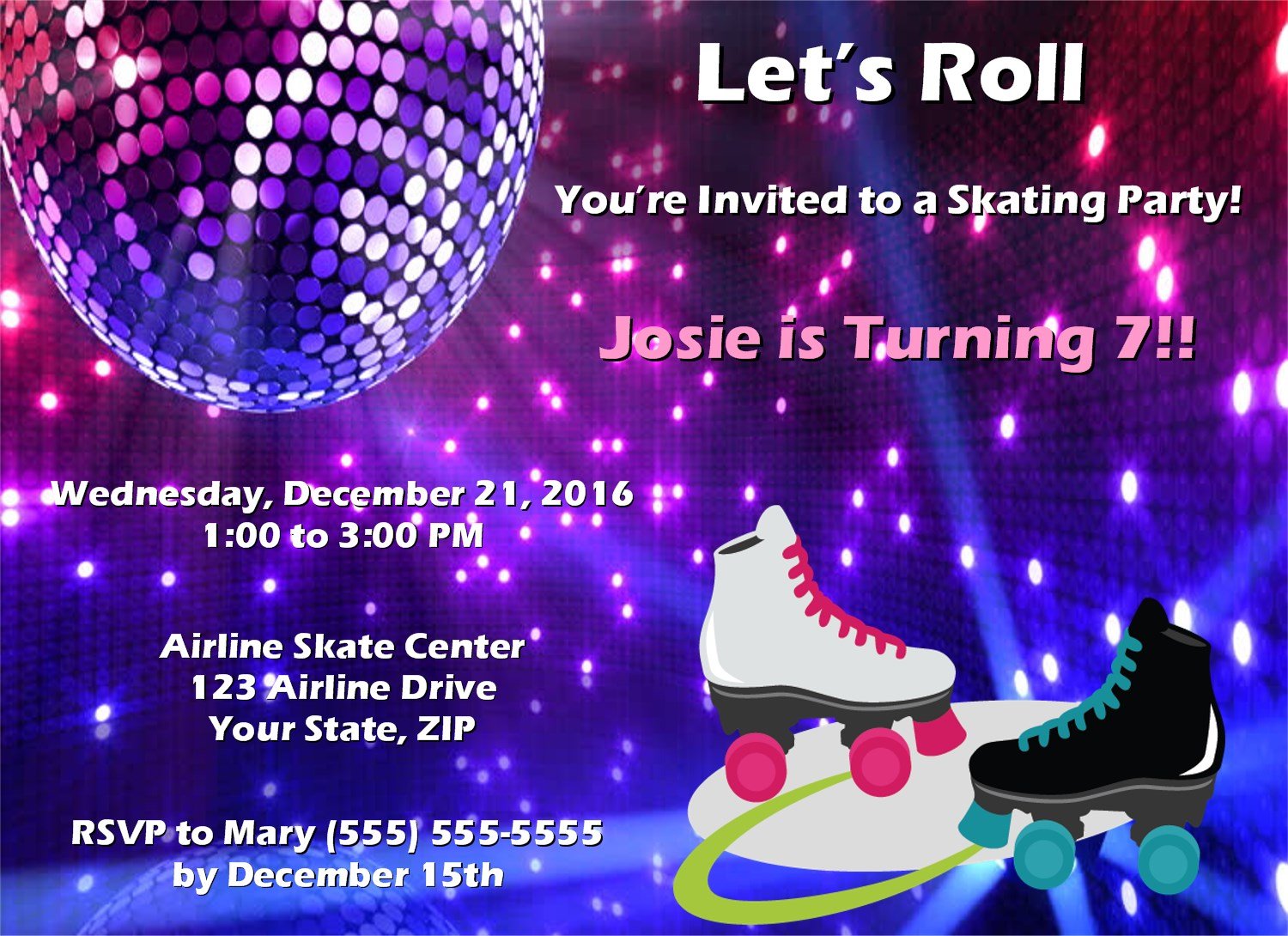20 Personalized Roller Skating Birthday Party Invitations-Disco