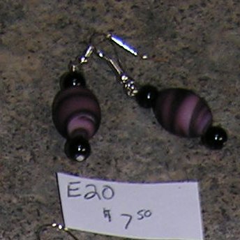 E20 - Earrings - Oval Purple frosted glass swirl beaded drops