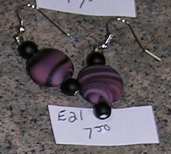 E20 - Earrings - Disk Shaped Purple frosted glass swirl beaded drops