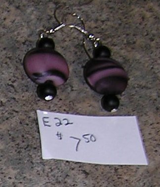 E22 - Earrings - Disk Shaped Purple frosted glass swirl beaded drops