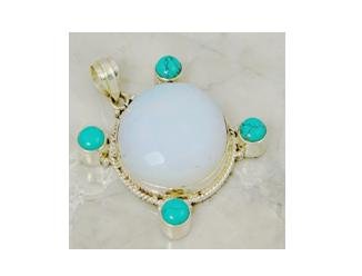 Opalite & turquoise .925 silver pendant, 2.25"