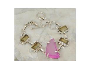 Pink druzy smokey quartz .925 silver bracelet, 7.5-8"