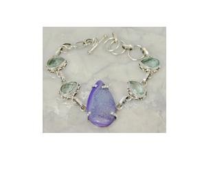 Purple druzy & aquamarine .925 silver bracelet, 8"