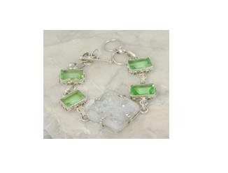 Snow druzy & peridot .925 silver bracelet, 7.5-8"